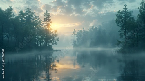 Serene dawn colors blend with mist over a tranquil lake, nestled in a dense forest's embrace photo