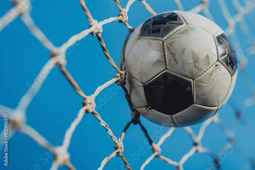 soccer ball in goal net blue background football championship or cup sports equipment photography © furyon