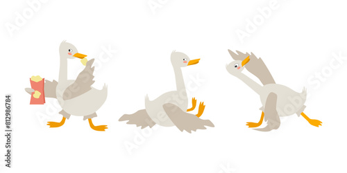 Set of funny cute goose character is engaged in eating chips, doing yoga and getting offended. Mood, activity. Vector cartoon illustration for stickers, packaging, books.