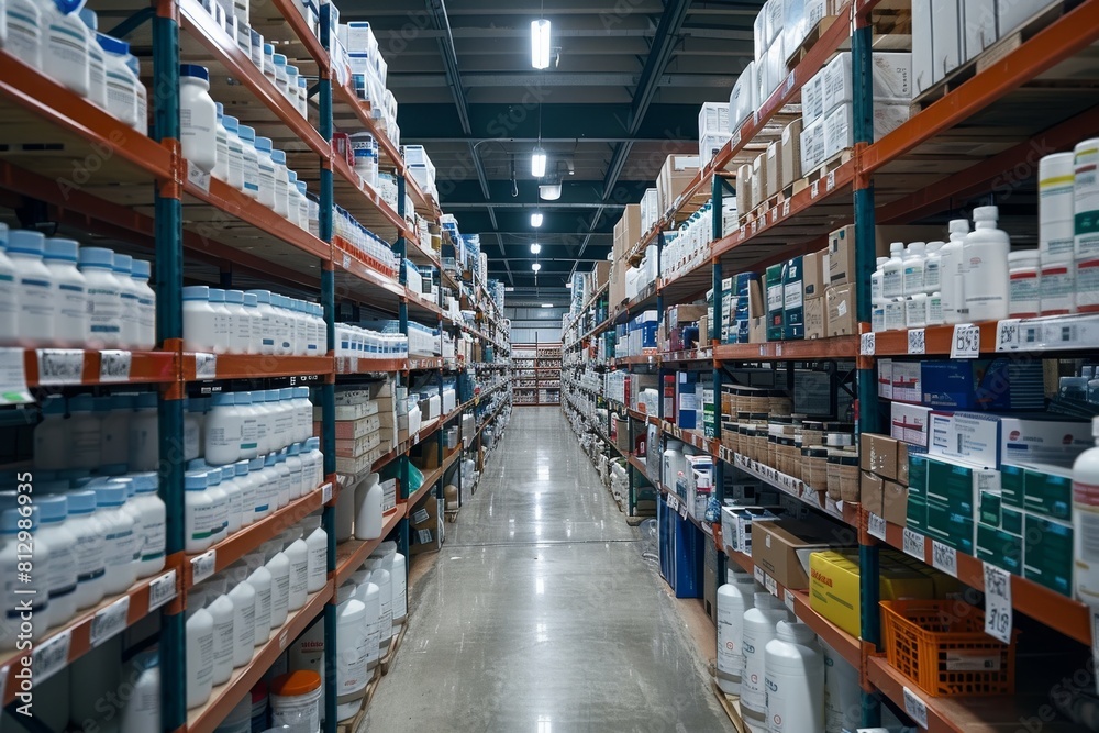 Fototapeta premium Pharmaceutical Distribution Center: An image of a pharmaceutical distribution center with shelves stocked with medications, vaccines, and medical supplies