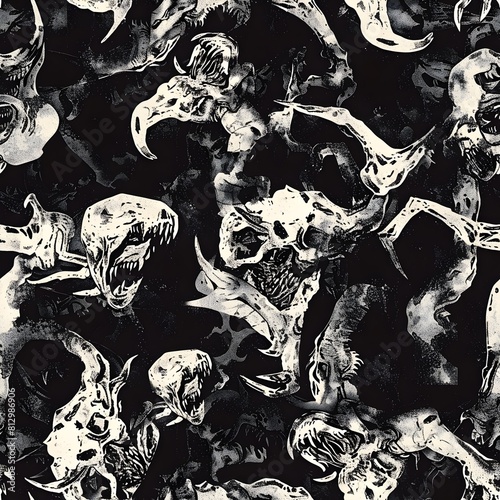 Tessellating Primal Nightmares Distorted Monstrosities in a Seamless High Contrast Ink Wash Pattern