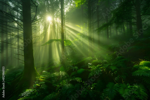Emerald Dawn: A Misty Morning's Light Revealing a Pristine Forest's Hidden Beauty