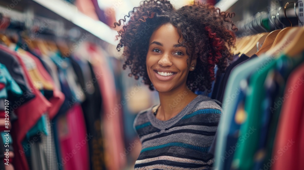 Happy woman stands in a fashion store, carefully choosing clothing items to buy. She browses through racks of stylish clothes, examining each one closely before making a decision. Happy woman stands in a fashion store, carefully choosing clothing items to buy. She browses through racks of stylish clothes, examining each one closely before making a decision.
