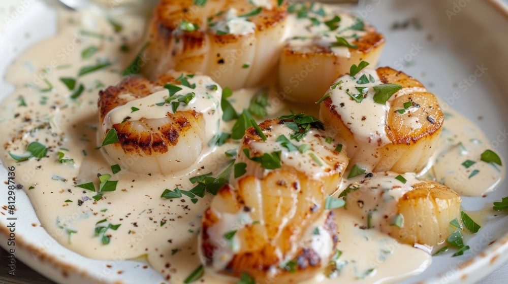 Scallops marinated in rum, with creamy cognac sauce with fresh herbs. Scallops marinated in rum, with creamy cognac sauce with fresh herbs.