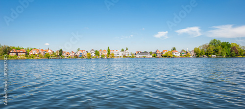 Landscape panorama of houses along lakes ¨Bergse Plassen¨ in the Hillegersberg district of Rotterdam, The Netherlands