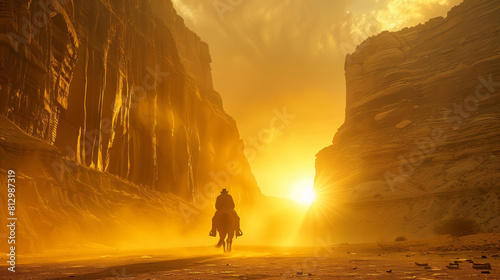 epic wide-angle view of a cowboy horseback riding through a canyon at sunrise