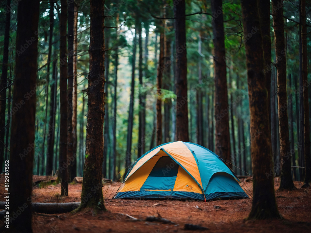 Wilderness Hideaway, Tent Amidst the Trees in Blurred Forest Background