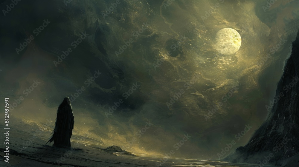 A painting of a dark sky with a large moon in the center A painting of a dark sky with a large moon in the center
