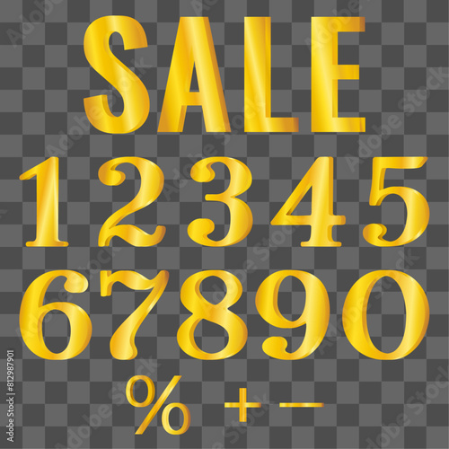 Set of gold 3D numbers for design of advertising coupon, voucher, banner, poster, tag, label, vector.