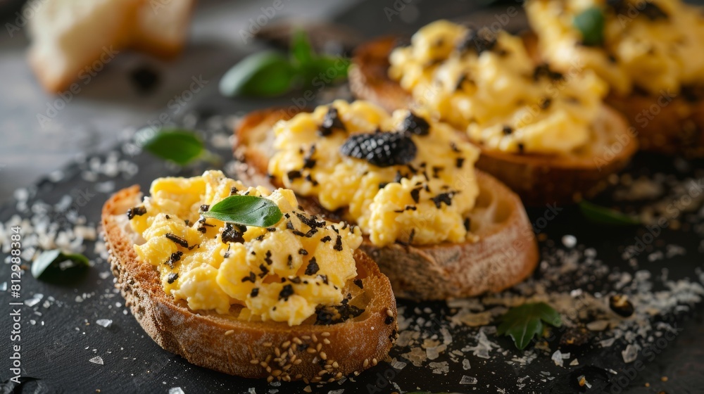 Scrambled Eggs with Black Truffle Crostini close-up. Italian cuisine. Restaurant serving. Scrambled Eggs with Black Truffle Crostini close-up. Italian cuisine. Restaurant serving.