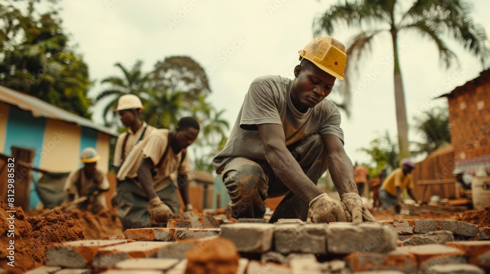 construction worker and his team are laying bricks to build a house. construction worker and his team are laying bricks to build a house.