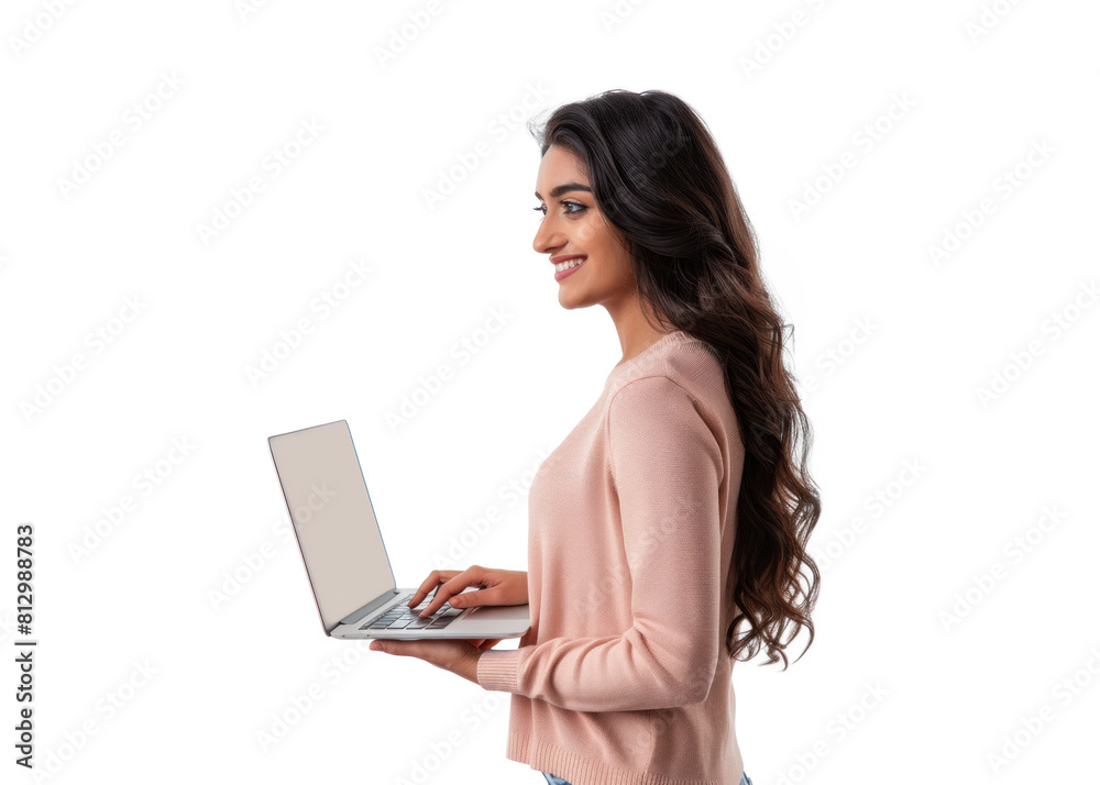 Young Woman Using Laptop on Transparent Background Young Woman Using Laptop on Transparent Background