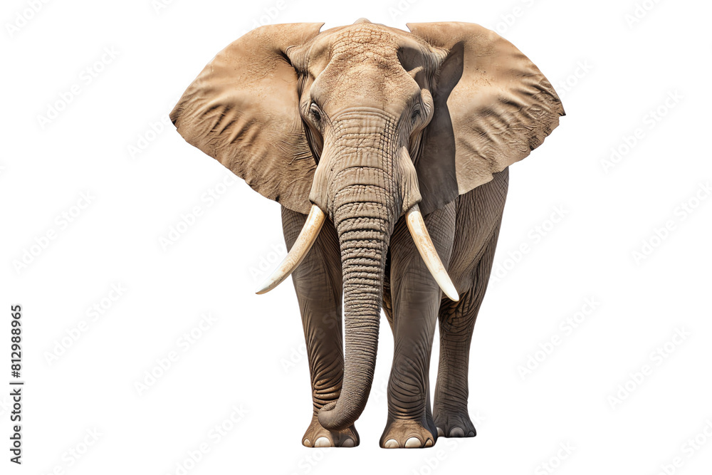 Large elephant with long tusks standing on all fours looking at the camera with a serious expression on its face.