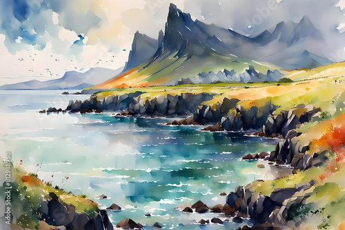Watercolor picture of the isle of Skye, Scotland photo