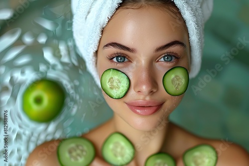 A woman lying down with cucumber slices placed on her face as part of a skincare routine