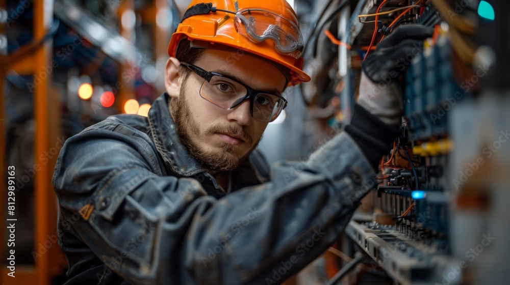 Young electrician installing electrical system in factory Young electrician installing electrical system in factory