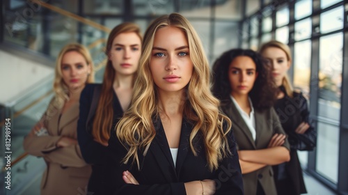 A group of beautiful businesswomen standing in a modern office lobby  their expressions filled
