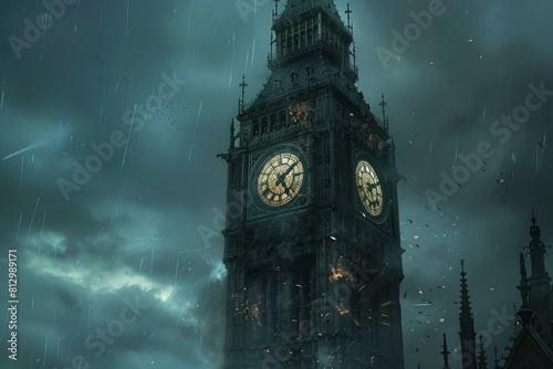 Dramatic view of an illuminated clock tower against a dark, stormy sky with rain