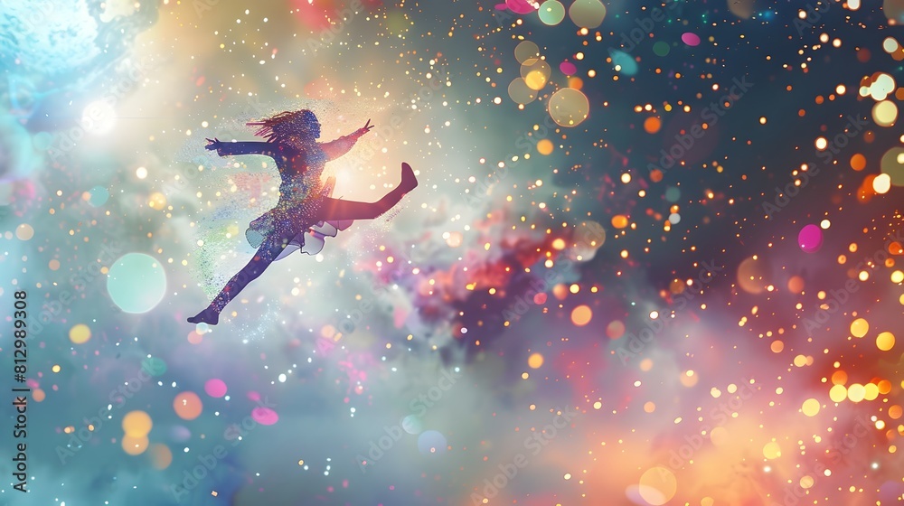 Leaping Dancer Amid Swirling Sparkles and Confetti Radiating Pure Joy and in a Surreal Fantasy Inspired Digital Art Scene Leaping Dancer Amid Swirling Sparkles and Confetti Radiating Pure Joy and in a Surreal Fantasy Inspired Digital Art Scene