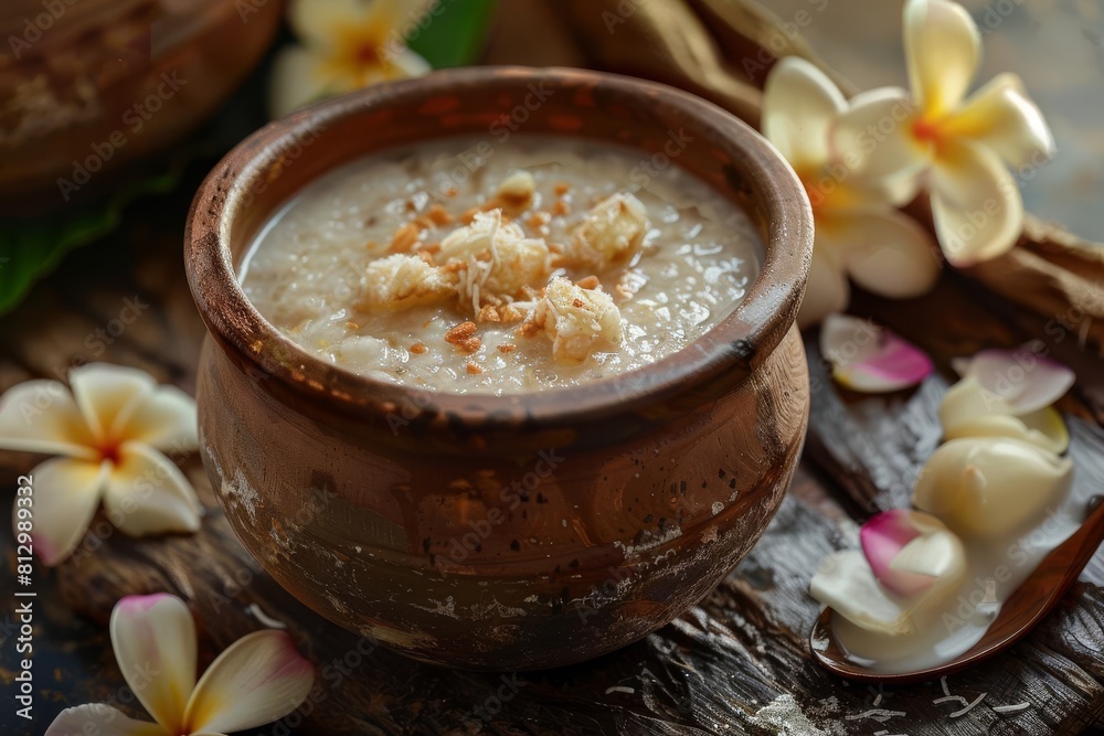 traditional kiribath in clay pot with coconut milk and frangipani for sinhalese new year food photography traditional kiribath in clay pot with coconut milk and frangipani for sinhalese new year food photography