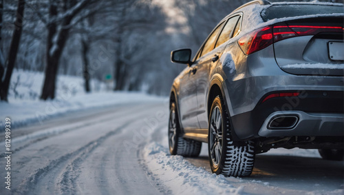 Winter Journey, Side View of Gray Car Fitted with Snow Tires on Snowy Road.