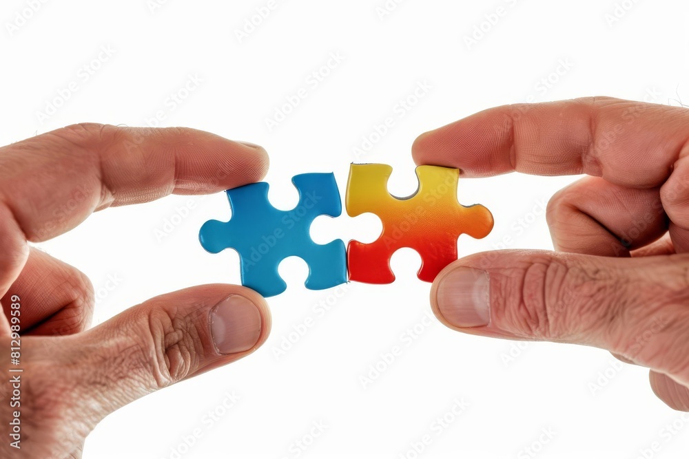 two hands holding jigsaw puzzle pieces representing collaboration partnership problem solving and finding solutions on white background closeup photo two hands holding jigsaw puzzle pieces representing collaboration partnership problem solving and finding solutions on white background closeup photo