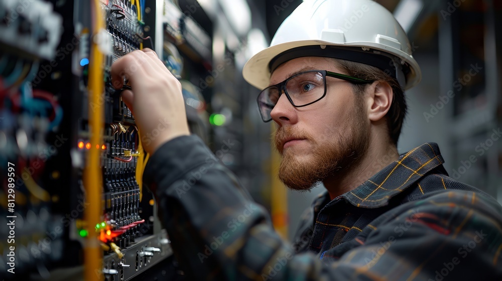 Young electrician installing electrical system in factory Young electrician installing electrical system in factory