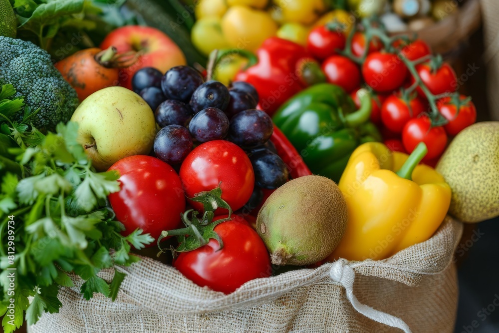 vibrant farmers market produce in fabric shopping bag fresh fruits and vegetables healthy eating concept vibrant farmers market produce in fabric shopping bag fresh fruits and vegetables healthy eating concept