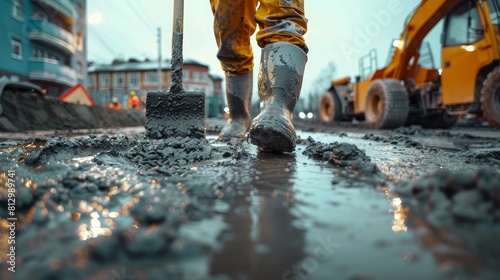 Young male worker is pouring concrete floor at construction site.