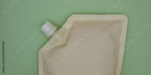 Eco-friendly spout pouch for liquid packaging. Copy space. 