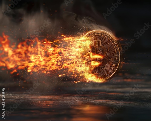 A fiery bitcoin coin is zooming through a dark, stormy sky.