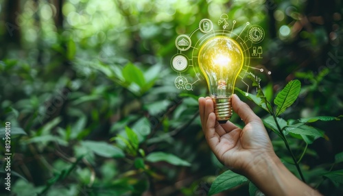 Hand holding light bulb with innovation icon over blurred nature background as renewable energy and eco-friendly concept.