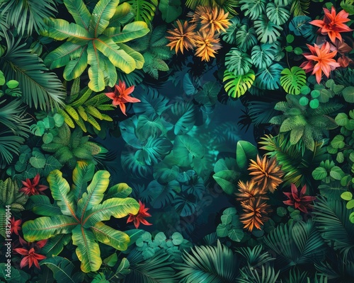 lush green tropical leaves and flowers, suitable for use as background