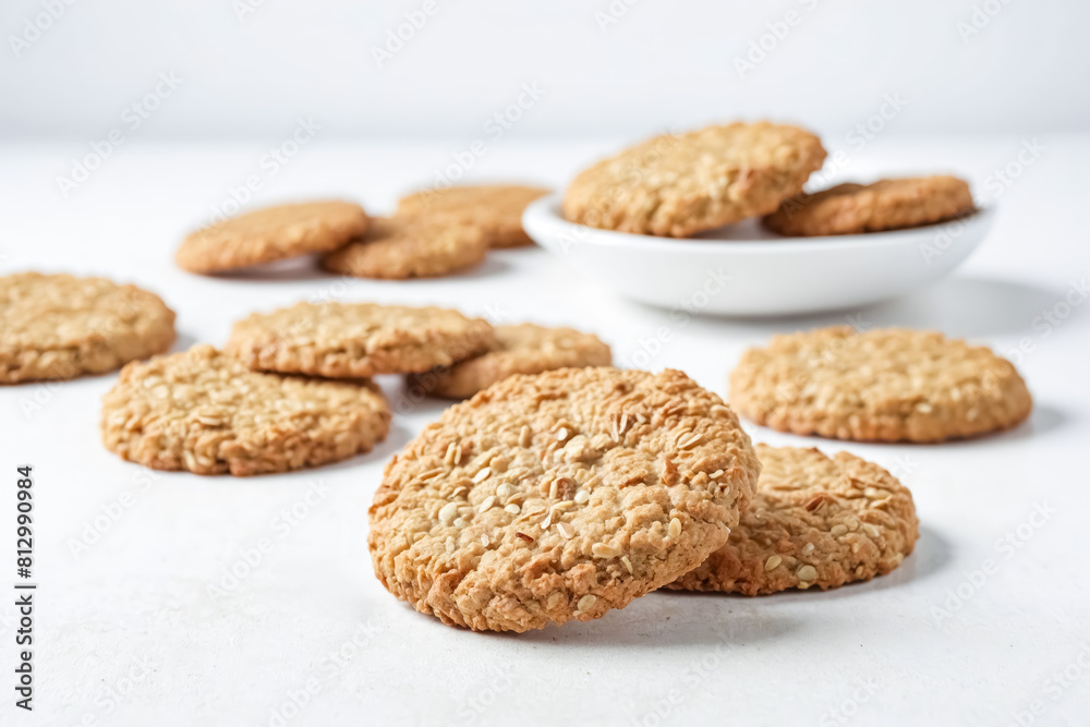Golden Oatmeal Cookies Scattered and Stacked Golden Oatmeal Cookies Scattered and Stacked