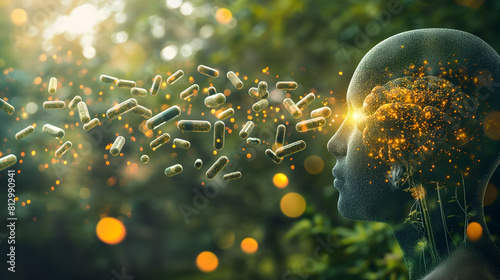 Vitamin supplements for health in the form of AI and brain on a blurred natural background. Pills capsules floating into the brain human 