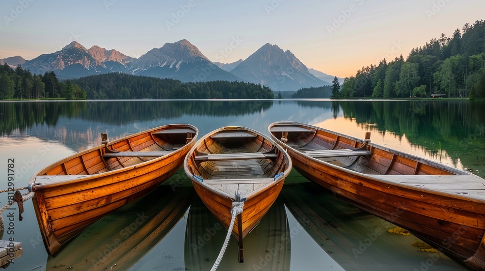 Three wooden boats are moored at the shore of a lake