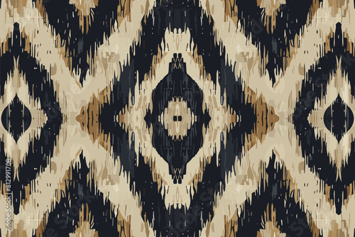 Ikat diamond pattern, sharp geometric design, seamless elegance, contrasting hues, sophisticated textile graphic