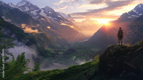 A man standing triumphantly on a mountain summit, gazing out at a vast valley below