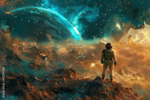 An astronaut standing on an alien planet, space and stars in the sky, mountains and valleys in the landscape, in the style of fantasy, cinematic, epic composition