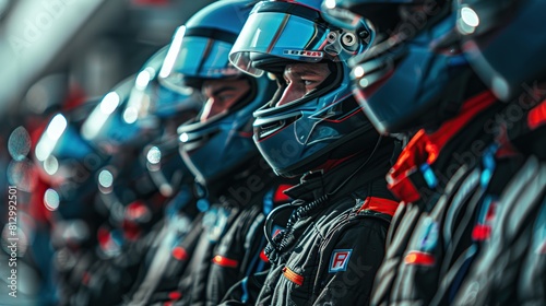 Lined up with helmets and racing suits, the formula racers took photos. photo