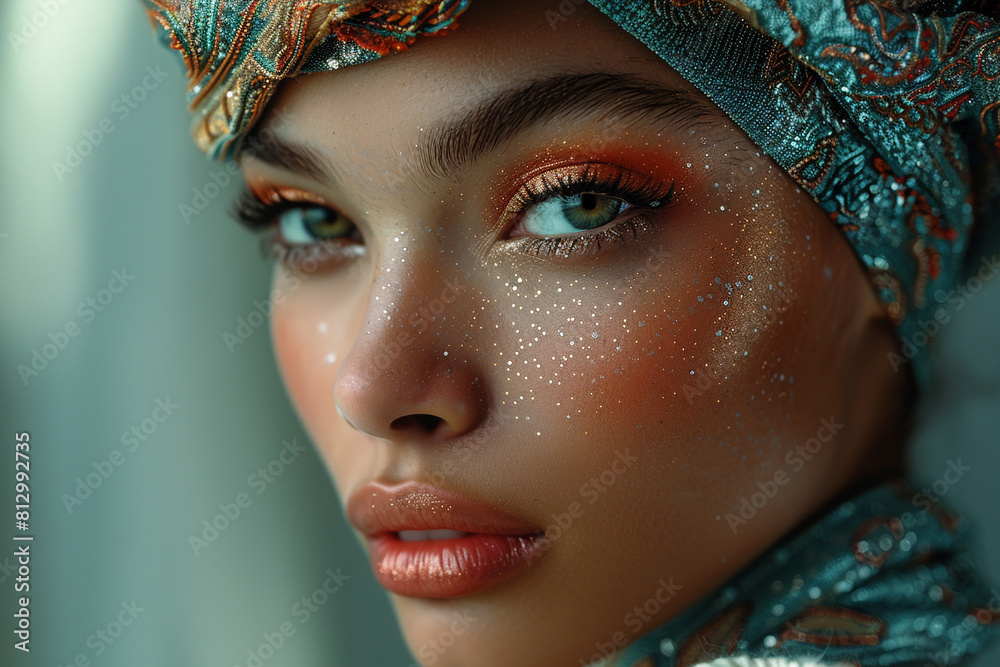 Exotic beauty, makeup a masterpiece, headwear a statement of style, gaze lost in contemplation-4
