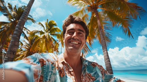 A man capturing a selfie on the beach shore