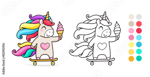 Vector coloring page with Baby Unicorn Pony hold ice cram. Rainbow Pony Unicorn riding a skateboard for coloring page template with color palette. Coloring book for kids. kids apparel print design