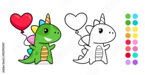 Vector coloring page with Baby Dino Unicorn hold heart balloon. Cute Kawaii Dinosaur  Unicorn for coloring page template with color palette. Coloring book for kids. Cartoon rainbow dinosaur unicorn