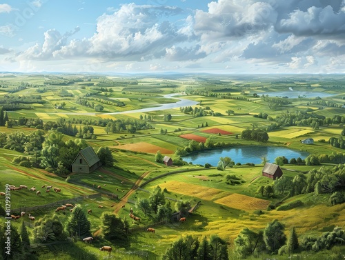 Picture a mesmerizing digital illustration of a birds-eye view countryside scene