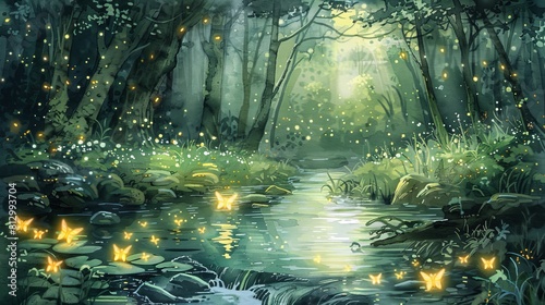 Enchanting watercolor painting of fireflies hovering over a forest stream, their glow reflecting on the water and illuminating the clearing