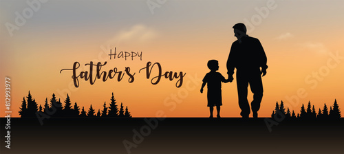 happy father's day father holding son hand walking in sunset vector poster
