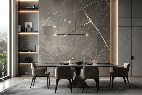 Luxurious Dining Room Interior With Dining Table, Decorative Objects, Pendant Lights And Potted Plant. Grey color Marble wall neutral scheme