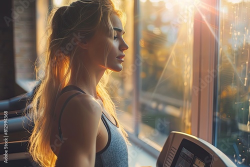 Soft natural light envelops a woman's focused stride on the treadmill, capturing her serene determination. photo