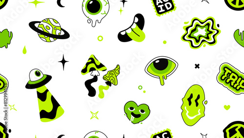 Psychedelic Art in Y2k style seamless pattern. Cartoon psyhedelic mushroom, UFO beam , liquid eye. Abstract surrealism background. Psychedelic elemets for t-shirt, textile, print design, print fabric